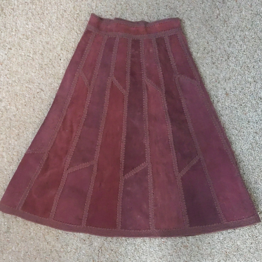 Vintage Mauve Purple Suede Leather Boho Hippie A-Line Midi Skirt
